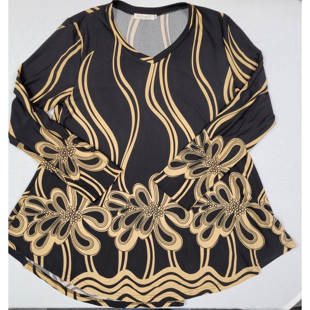 BaiShengGT Women's V-neck Long Sleeve Tunic Tops Blouse Black Brown Floral 2XL